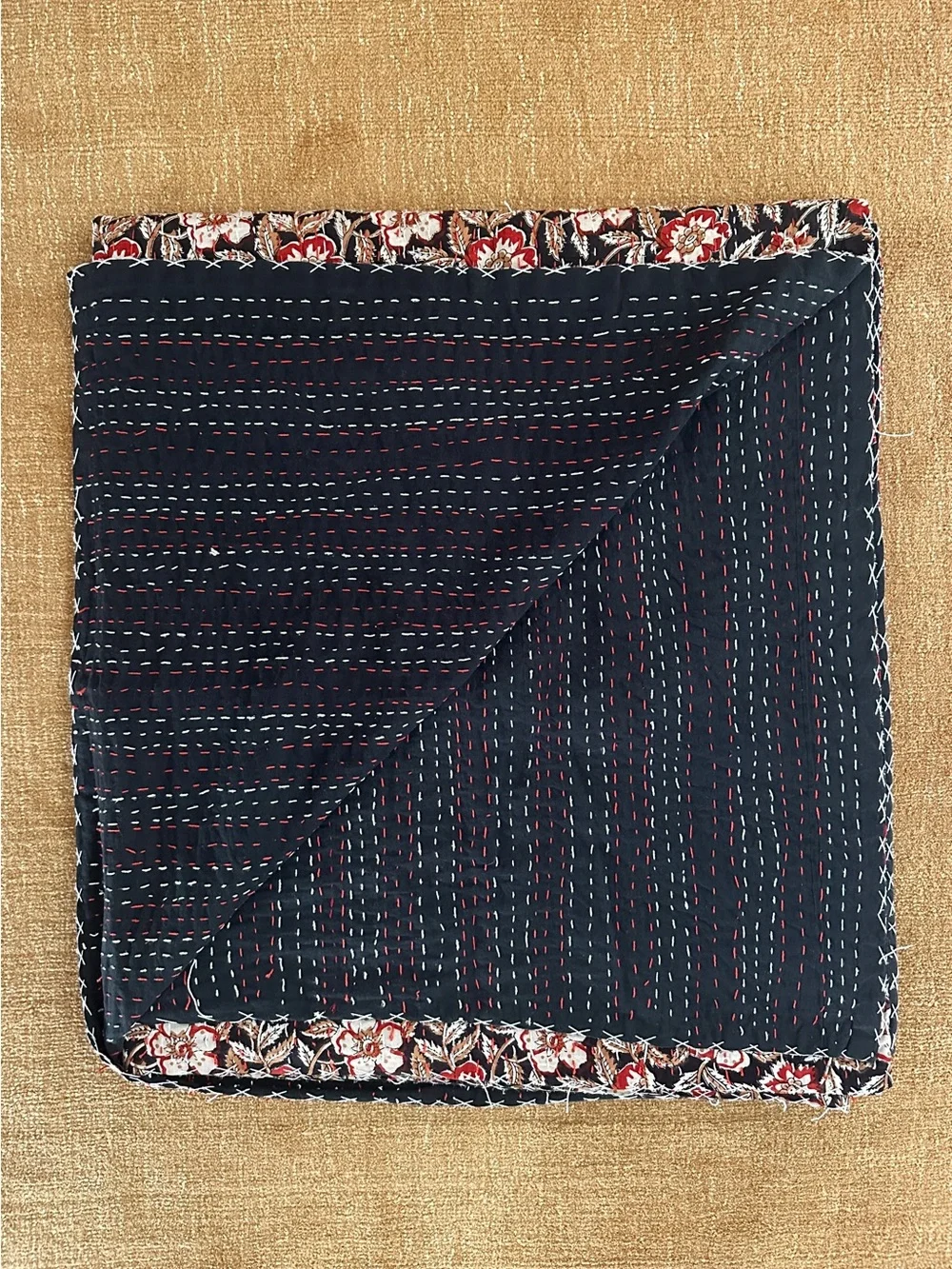 Black and Red Floral Kantha Quilt